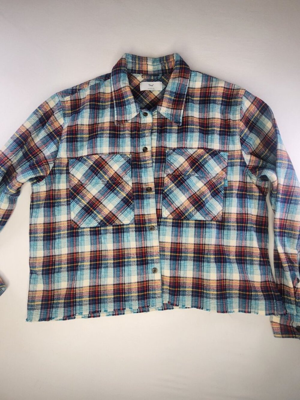 TNA Aritzia Cropped Plaid Flannel Shirt Blue Multi, L Boxy Button-Up